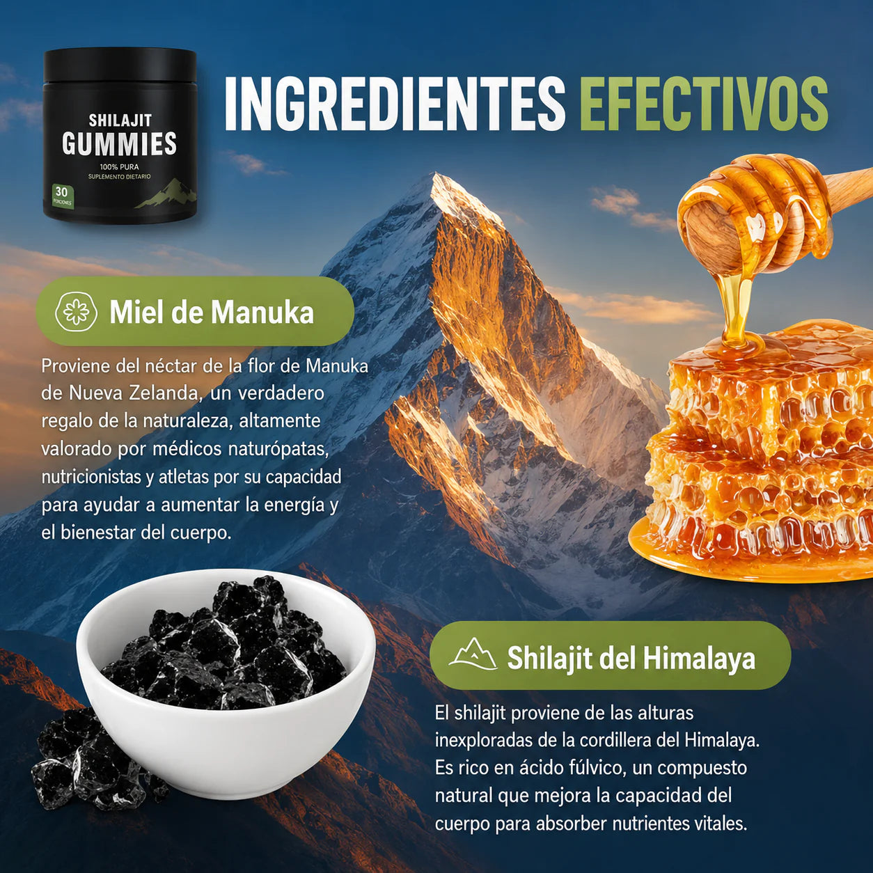 Gomitas de Shilajit del Himalaya con Ashwagandha – Sabor Miel y Limón | Energía, Vitalidad y Bienestar Natural | 30 Gomitas