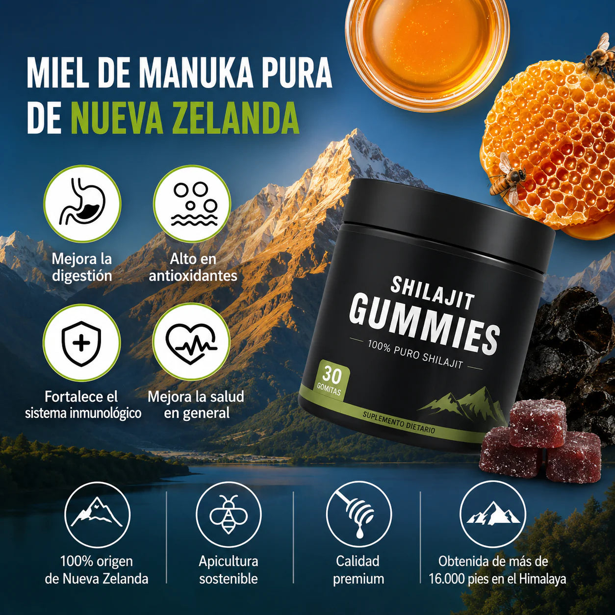 Gomitas de Shilajit del Himalaya con Ashwagandha – Sabor Miel y Limón | Energía, Vitalidad y Bienestar Natural | 30 Gomitas